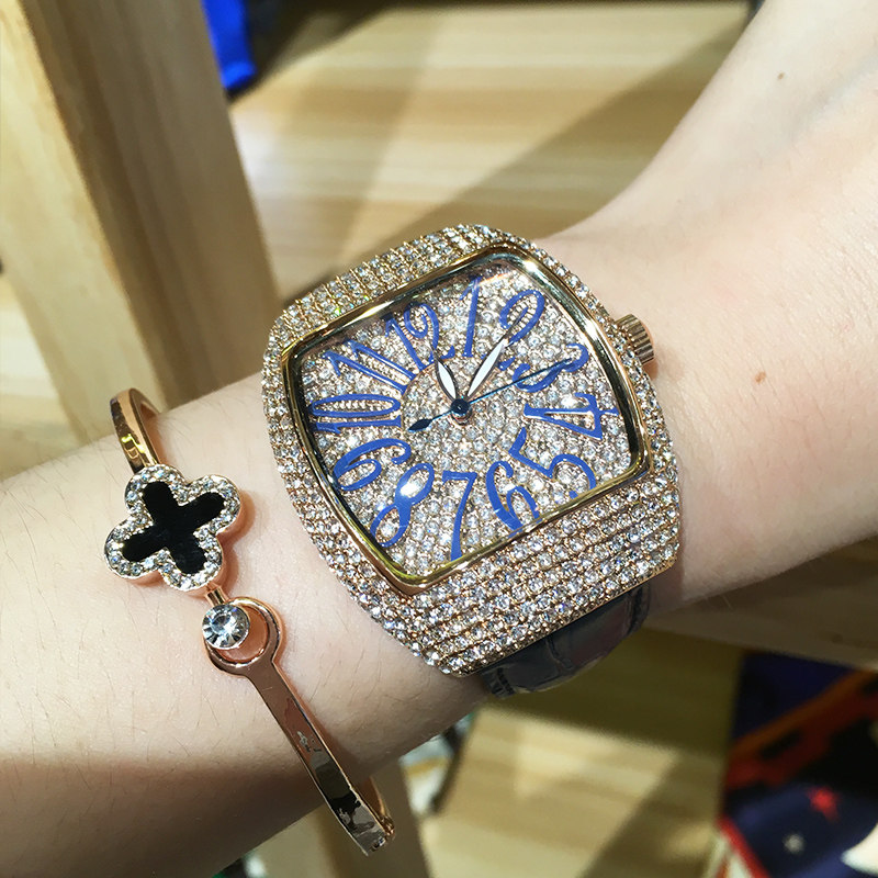 蒂玮娜正品水晶女士真皮带水钻表 davena婷邦国产腕表