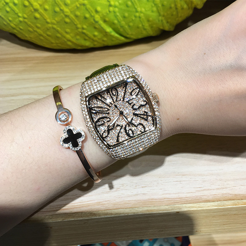 蒂玮娜正品水晶女士真皮带水钻表 davena婷邦国产腕表