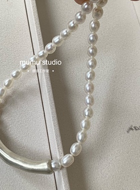 原创简单天然强光淡水真珍珠米珠项链毛衣链足银锁骨链独特质朴