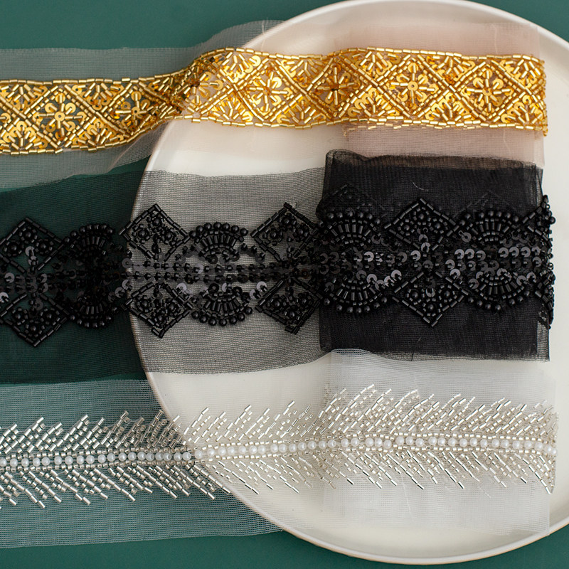 重工优质金色珍珠亮片绣双边网纱花边 手工服装花边 闪亮布艺辅料,淘宝优惠券,粉丝福利购,淘宝优惠卷