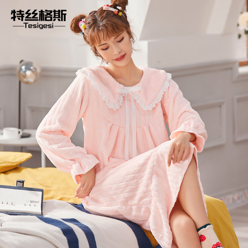 公主风秋冬珊瑚绒长袖甜美可爱睡裙 特丝格斯睡裙