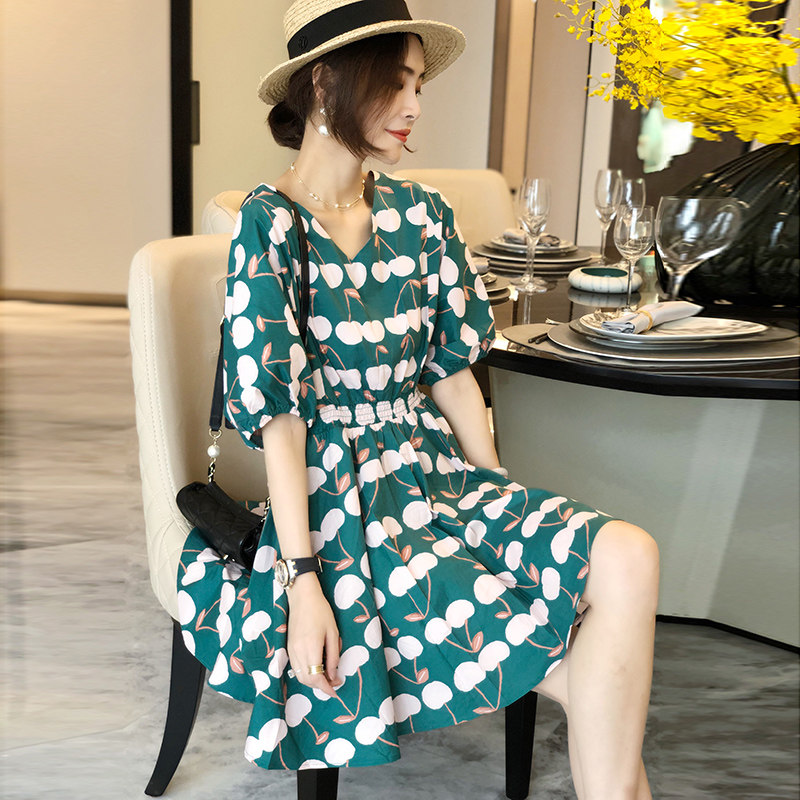 欧洲站樱桃碎花女2020夏新款连衣裙 哥雅宁特连衣裙