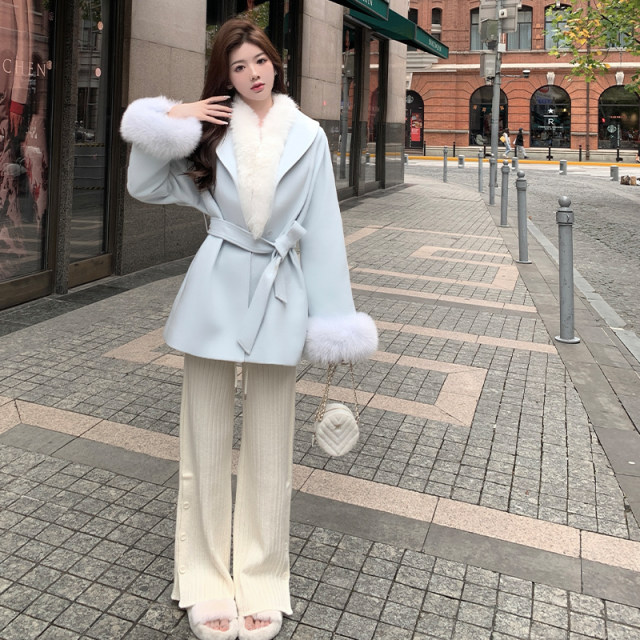 「少量现货」韩雨嘉毛呢外套女千金高级感毛领中长款收腰呢子大衣