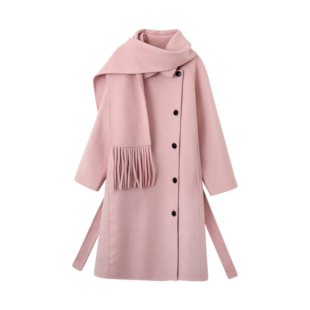 Long belted wool double-sided denim coat with stand collar