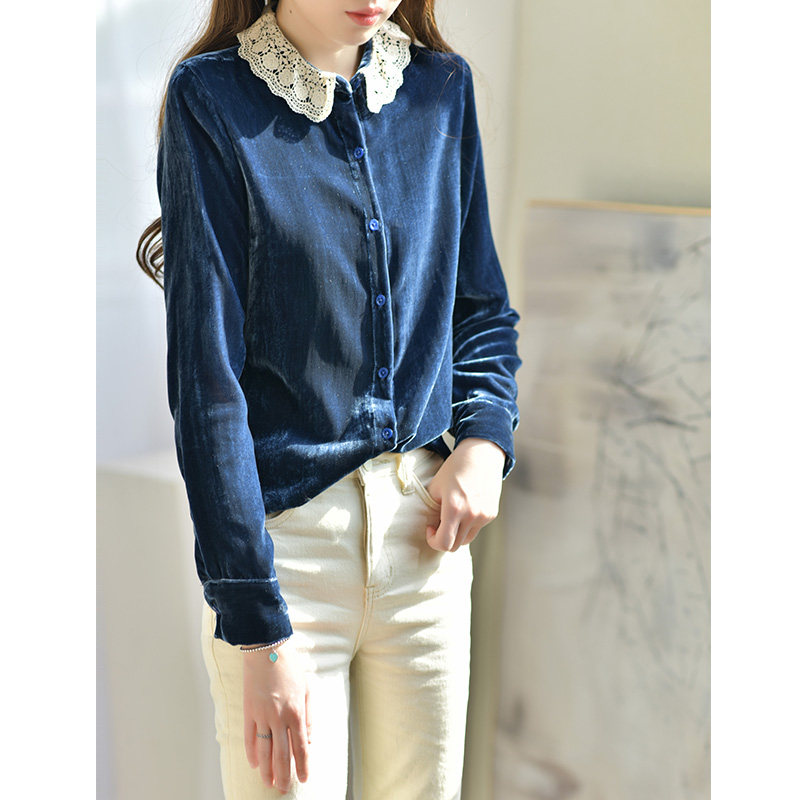 蓝色金丝绒真丝女春装2022新款衬衫 gesgoo衬衫