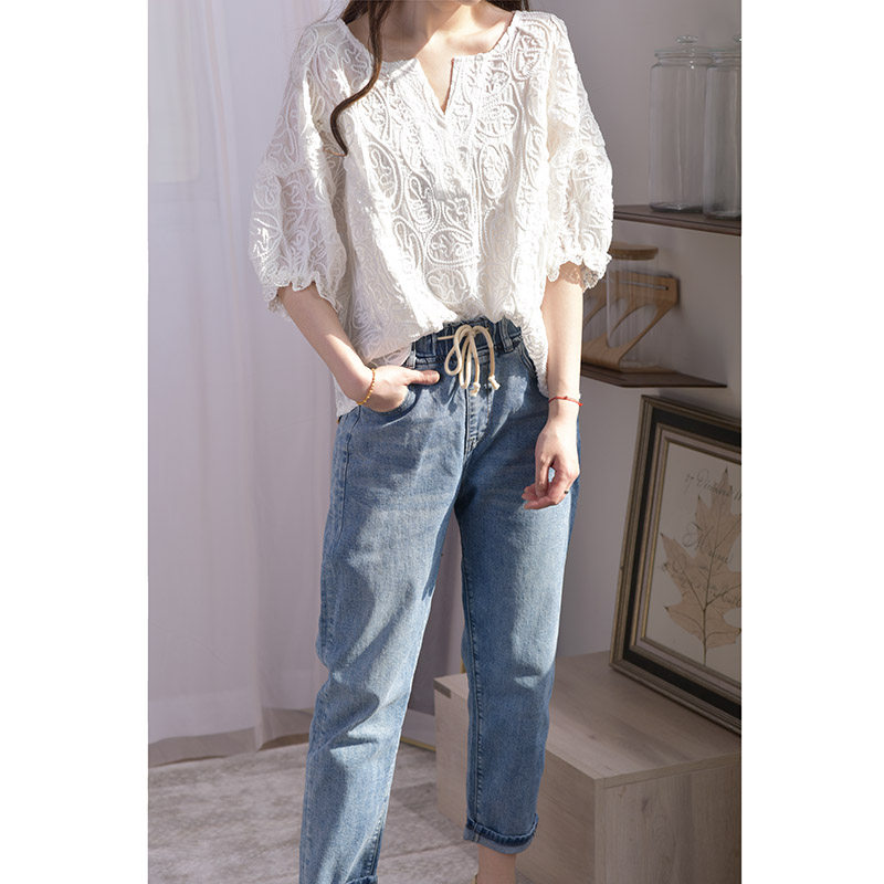 洋气遮肚气质宽松白色夏季超仙小衫 gesgoo蕾丝衫/雪纺衫