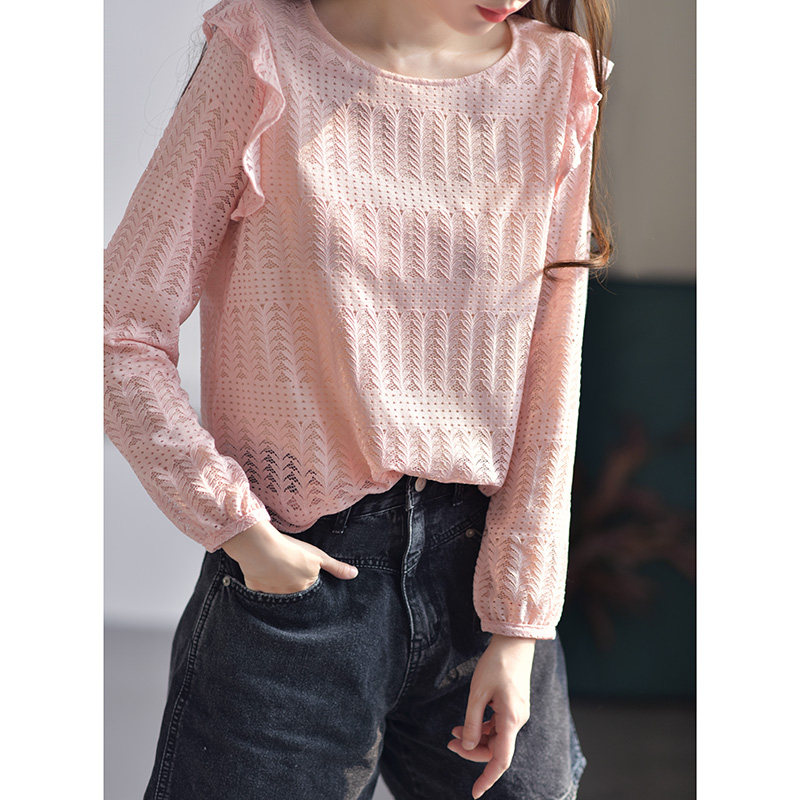 早秋新款粉色蕾丝小衫褶皱袖子衬衫 gesgoo蕾丝衫/雪纺衫