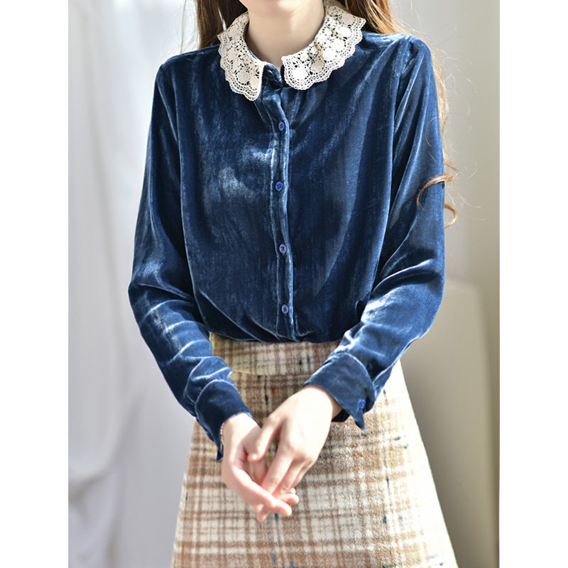 蓝色金丝绒真丝女春装2022新款衬衫 gesgoo衬衫