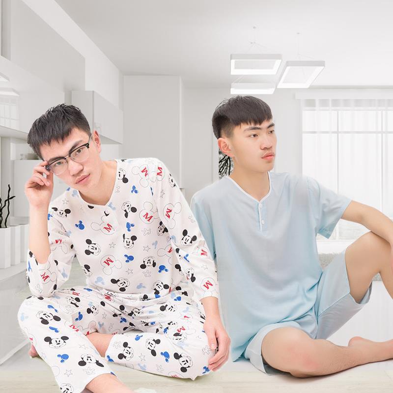 艾嫦睡衣工厂店青少年棉绸睡衣老年长袖长裤夏季男士短袖短裤大码宽松套装家居服2