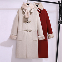 Lumini Group Mao collar buffalo horn clasp Son Coat 2023 Winter New Loose Korean Department Long Red Coat Woman