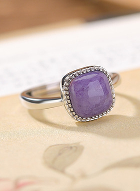 S925纯银紫龙晶戒指简约几何方形时尚气质百搭小方糖银指环