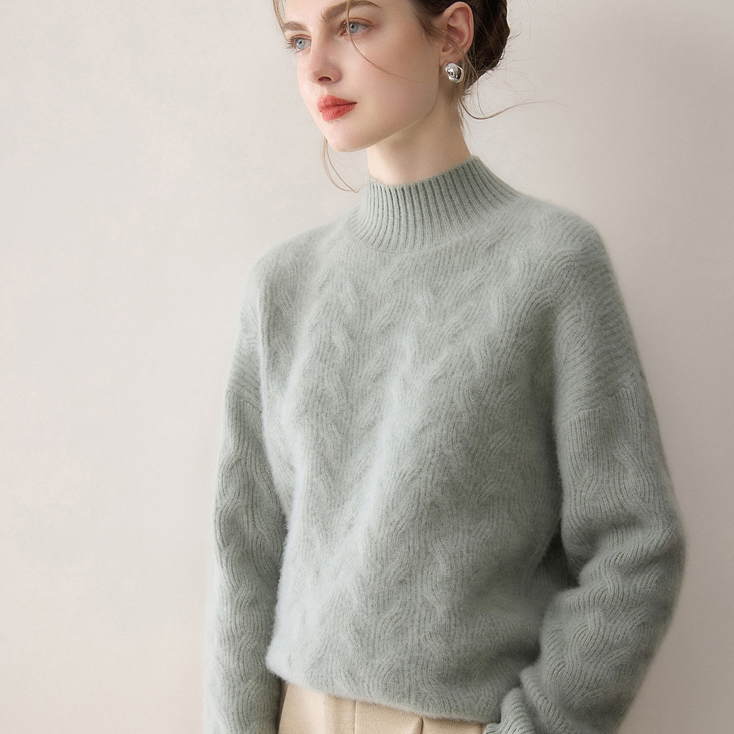 Z.M.R 复古老钱风 加厚100%纯山羊绒衫女针织半高领宽松绞花毛衣,淘宝优惠券,粉丝福利购,淘宝优惠卷