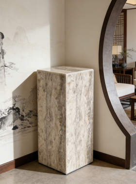 天然灰色洞石底座新中式酒店养生馆大理石石柱摆件工艺品家居墩子