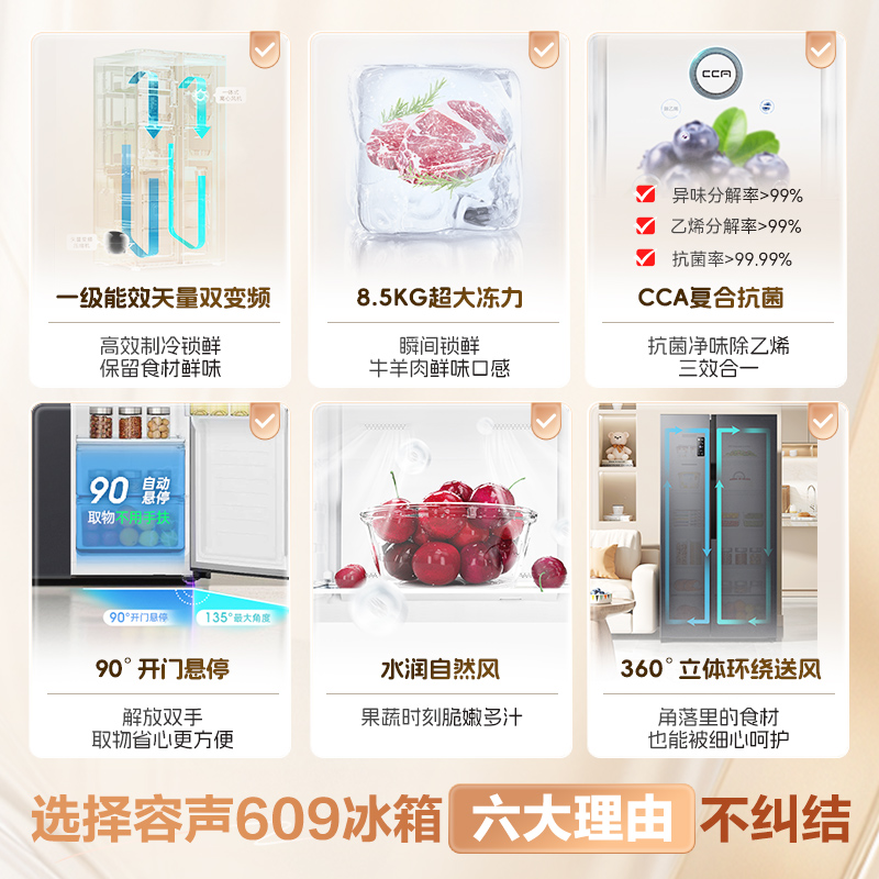 容声609L离子净味对开门大容量风冷家用一级变频超薄嵌入式电冰箱
