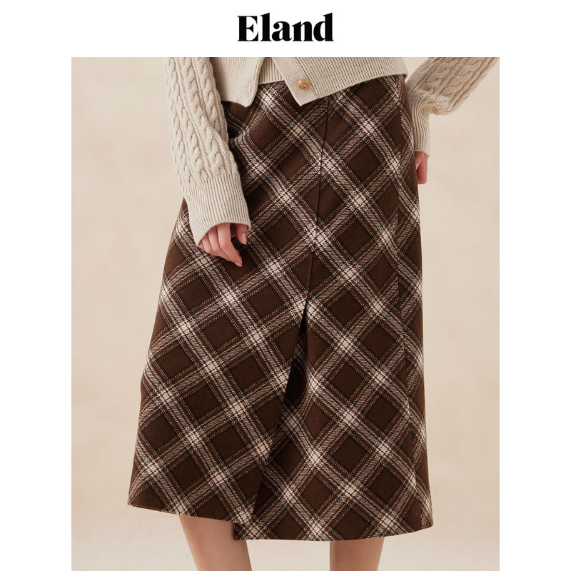 【含绵羊毛】Eland衣恋直筒裙女H型格纹下摆开衩半身裙款