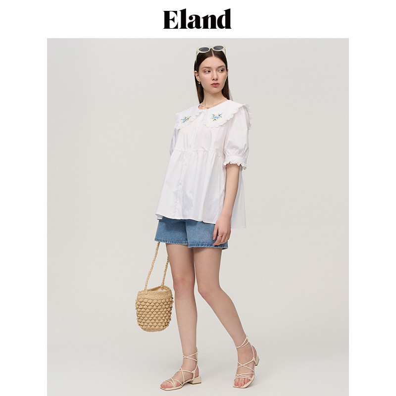 eland衣恋短袖女娃娃领蕾丝衬衫 ELAND衬衫