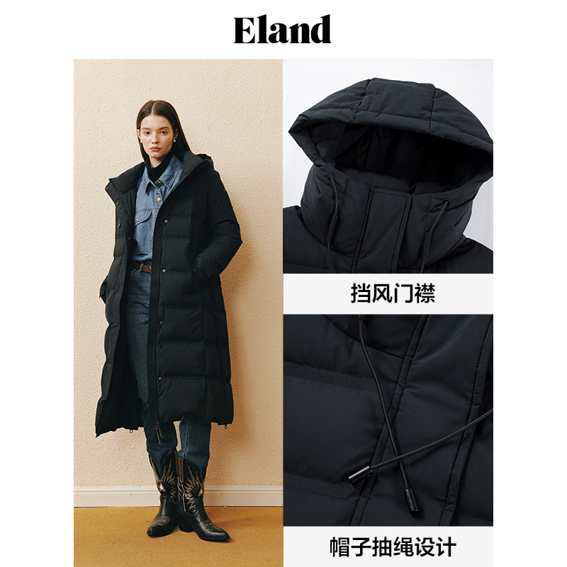 【保暖鹅绒】Eland衣恋羽绒服女长款连帽毛领气质外套冬