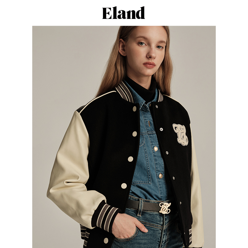 【100%澳毛】Eland衣恋羊毛呢短外套女毛呢棒球服夹克秋冬