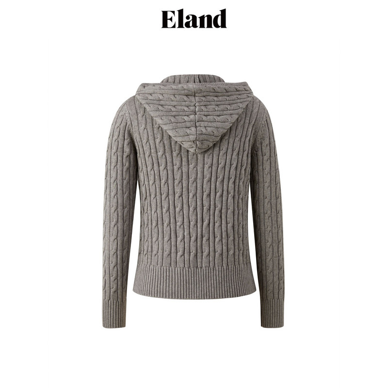 Eland衣恋毛针织衫女休闲两侧贴袋拉链帽兜女士毛衣2025春季新款