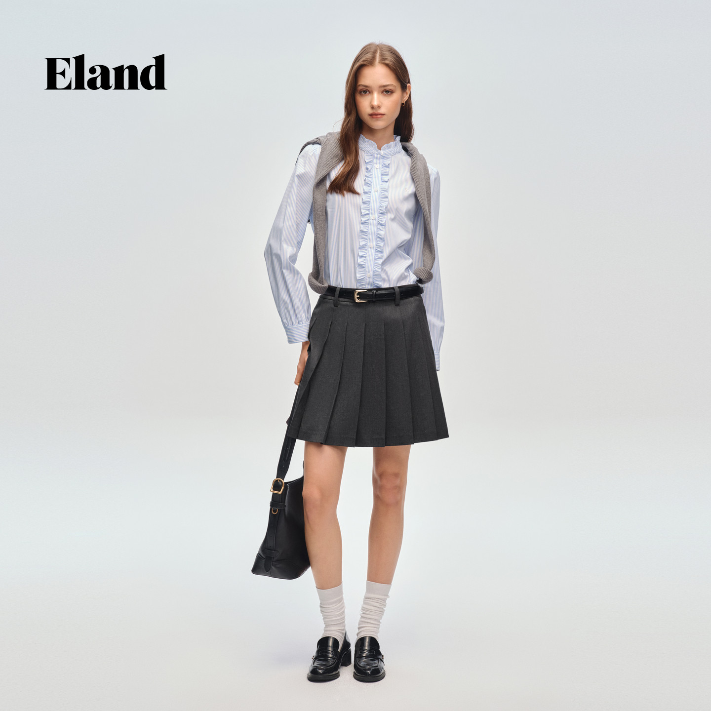 Eland衣恋衬衫女气质荷叶领棉质长袖格纹通勤上衣2026春季新款