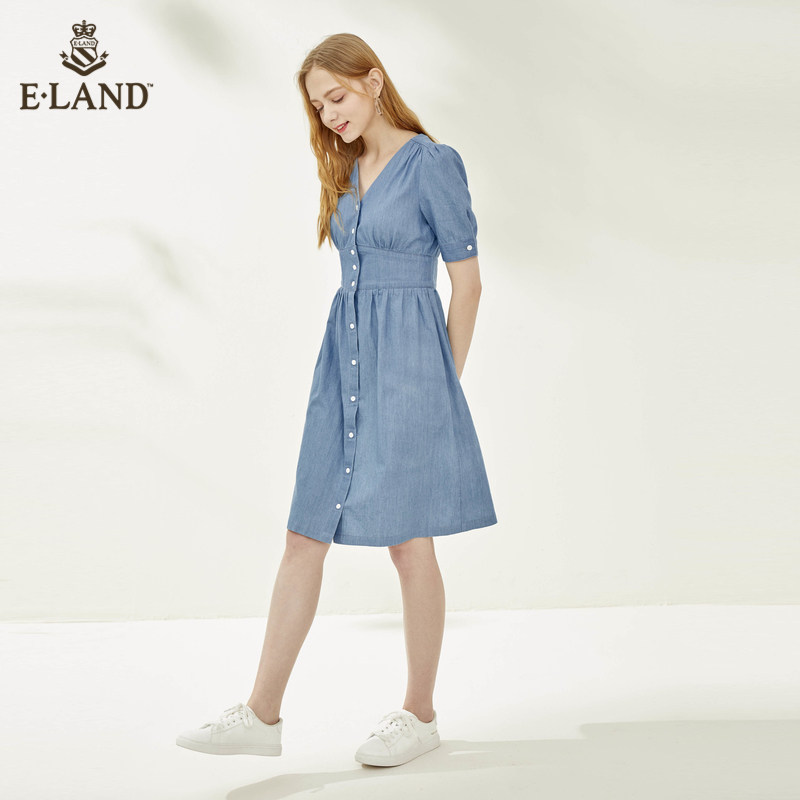 eland2020夏季新款水洗牛仔蓝v领 ELAND连衣裙