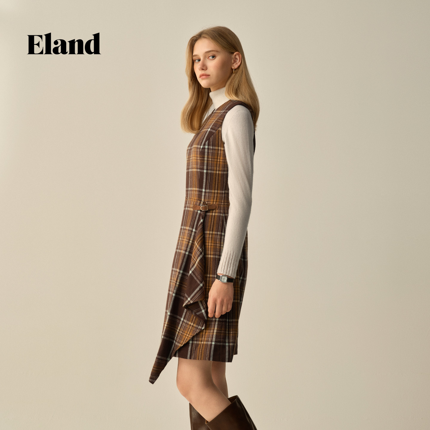 【绵羊毛】Eland衣恋连衣裙女无袖收腰显瘦格纹裙2025冬季新款