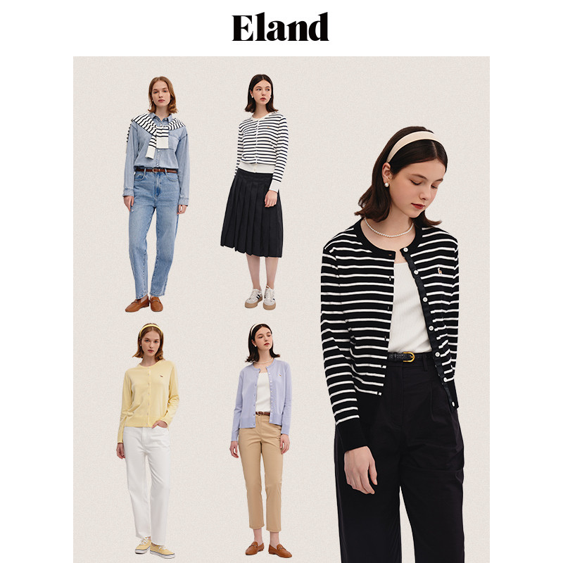 eland衣恋针织长袖条纹短款开衫 ELAND毛针织衫