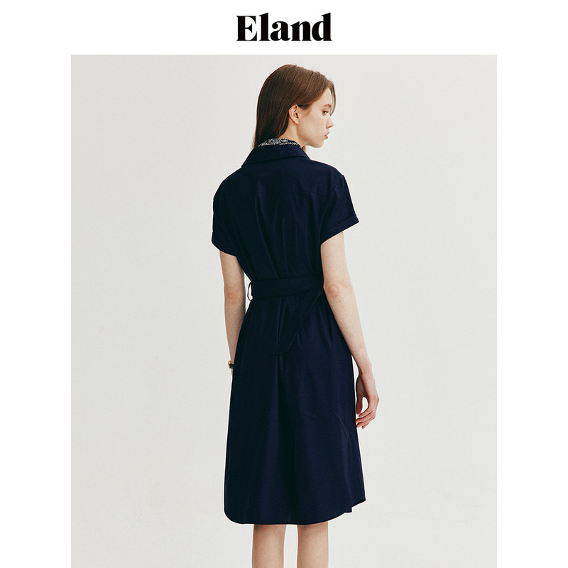Eland衣恋衬衫连衣裙女翻领收腰H直身版型中长款裙子夏季