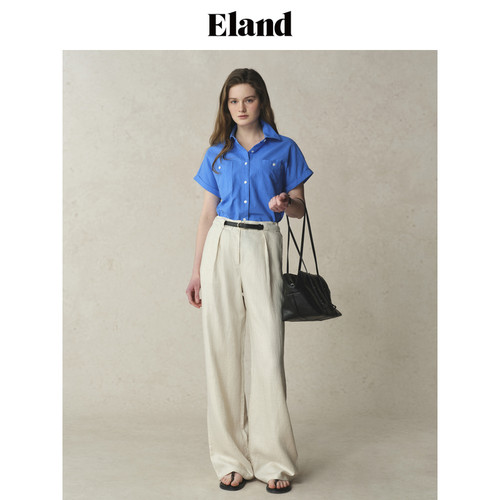 【法国亚麻】Eland衣恋衬衫女格纹连肩袖卷边短袖夏季淡人 - 图0