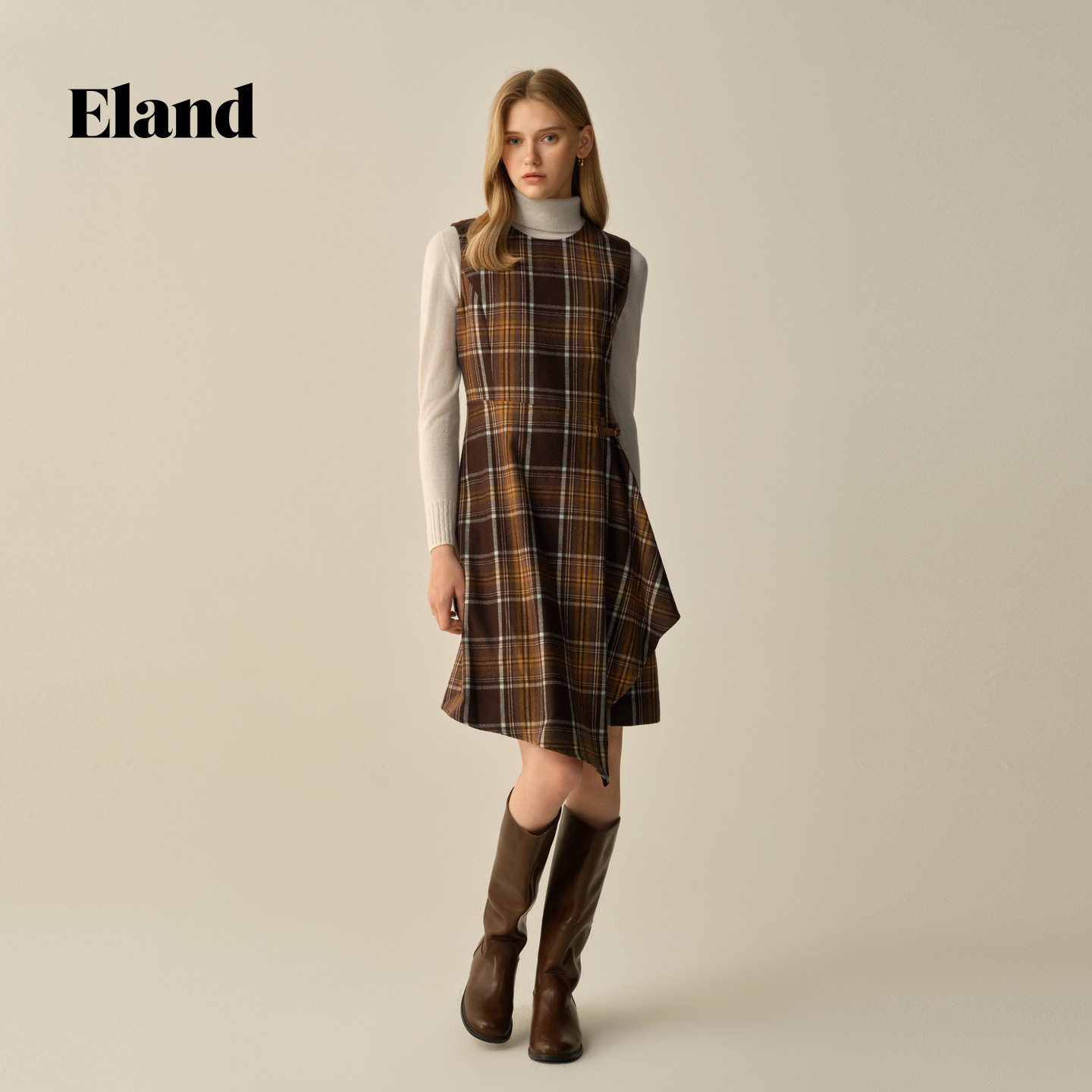 【绵羊毛】Eland衣恋连衣裙女无袖收腰显瘦格纹裙2025冬季新款