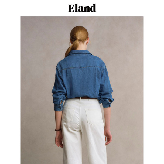 【天然麻】Eland衣恋衬衫女宽松廓形双口袋长袖牛仔上衣25春新款