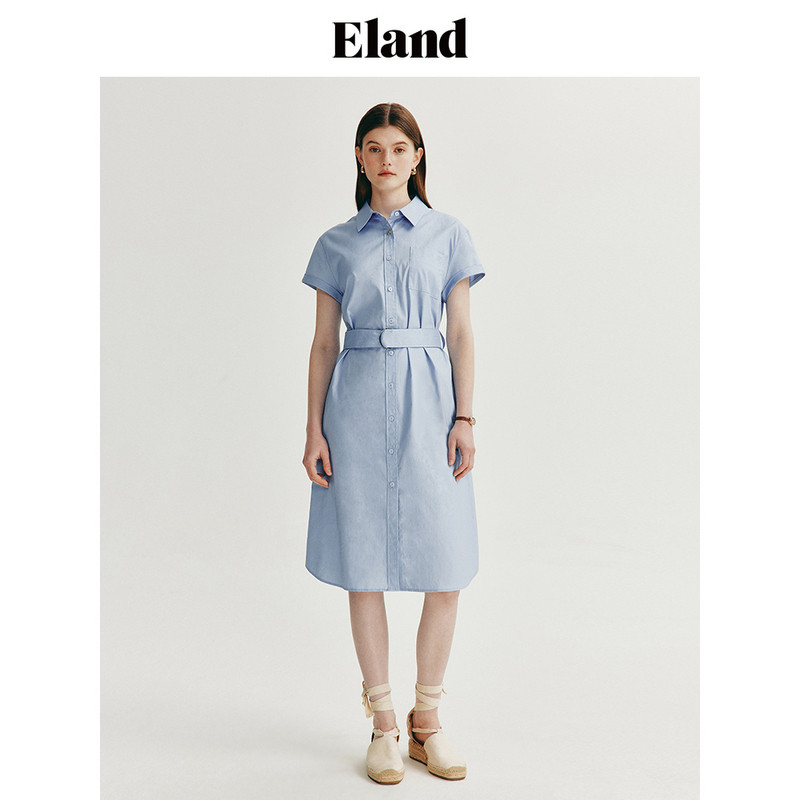 Eland衣恋衬衫连衣裙女翻领收腰H直身版型中长款裙子夏季