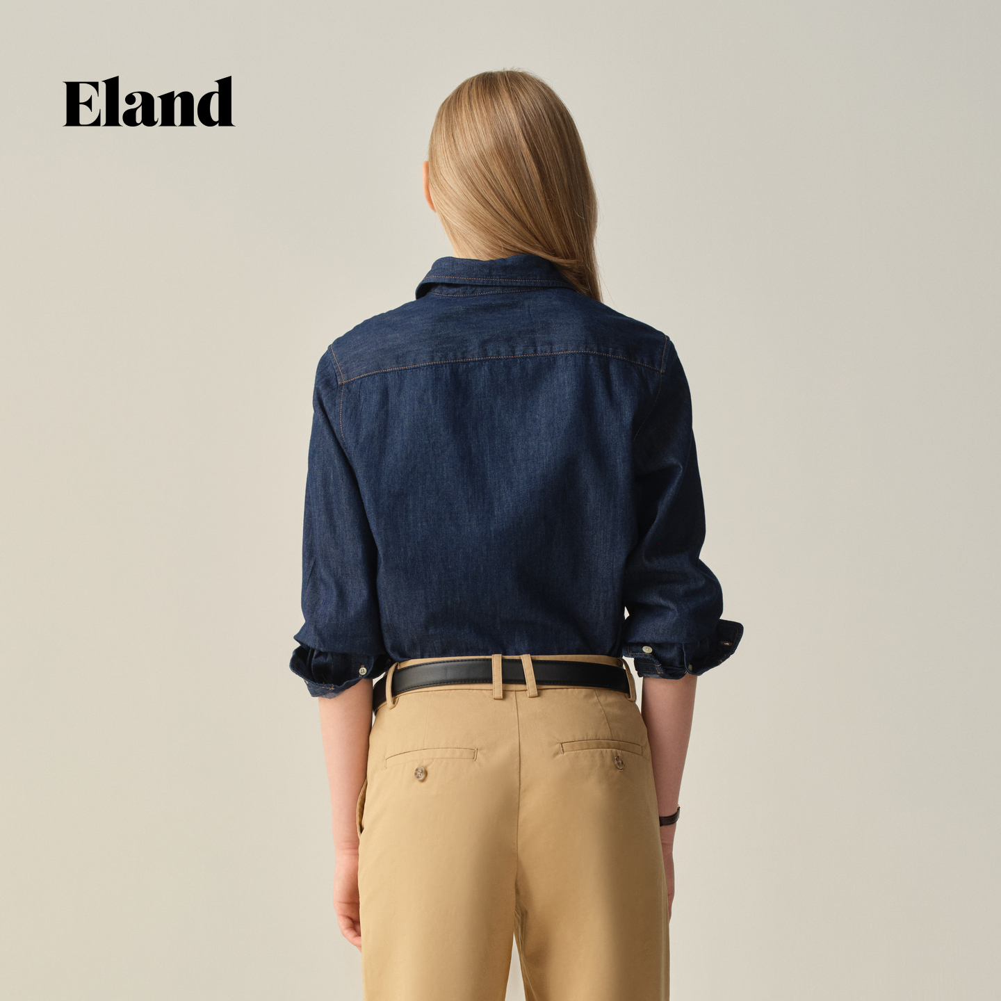 【100%棉】Eland衣恋衬衫女老钱风正肩小翻领牛仔衫2025冬季新款 - 图1