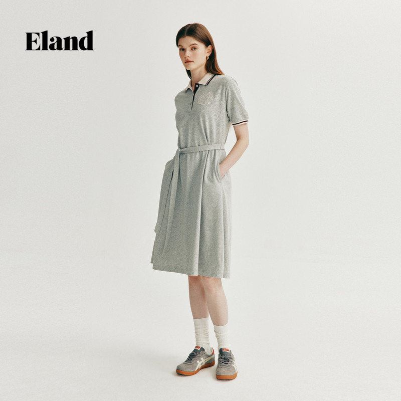 【sorona凉感】Eland衣恋连衣裙女翻领收腰A字中长裙夏季款