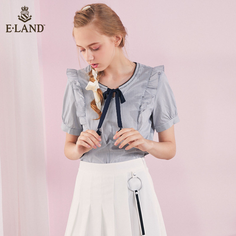 eland秋装可爱韩版荷叶边花边条纹 ELAND衬衫