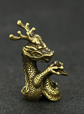 复古做旧纯黄铜生肖龙小摆件书桌装饰家居瑞兽手把件