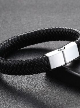 潮牌男款复古朋克皮绳手链简约潮流黑色手镯