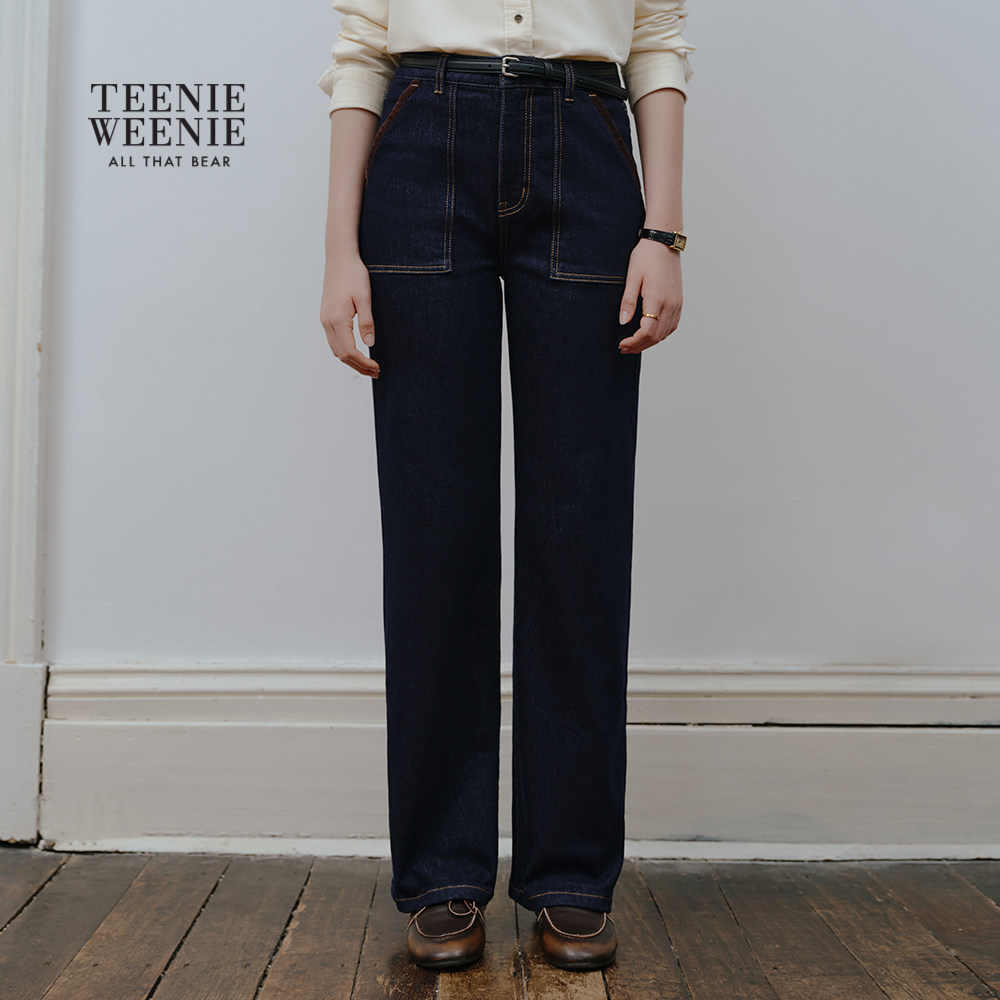 TeenieWeenie小熊女装牛仔裤2025秋季新款休闲灯芯绒拼接直筒长裤