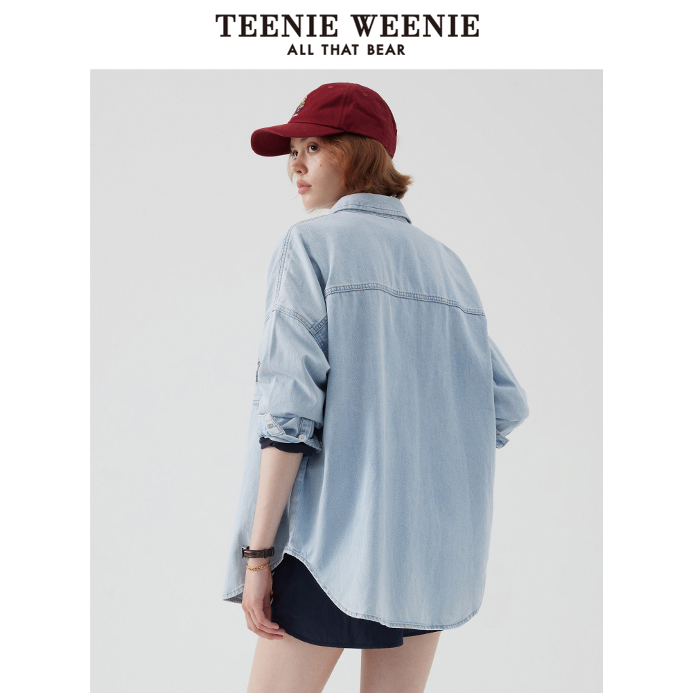 TeenieWeenie小熊女装春季简约风宽松休闲牛仔衬衫长袖衬衣松弛感-图3