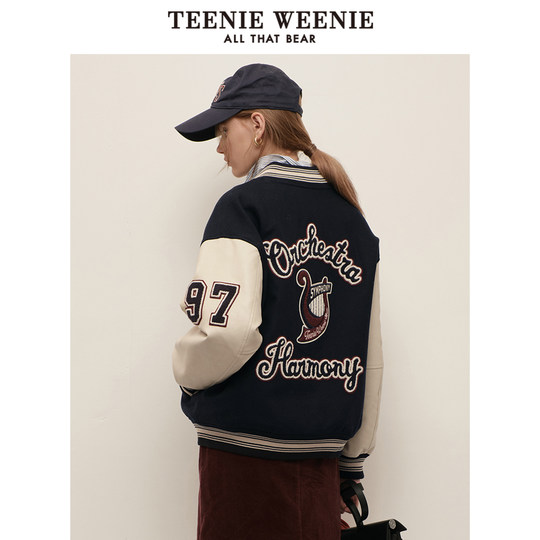 TeenieWeenie Bear Women's Jacket Fall Fashionable Contrast Color Spliced ​​Baseball Suit Wool Blender Top