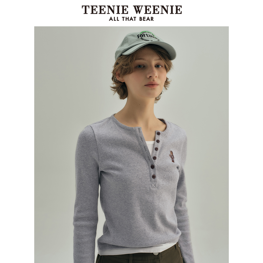 TeenieWeenie小熊春装黑色棉质打底衫长袖T恤设计款白色外穿上衣-图0