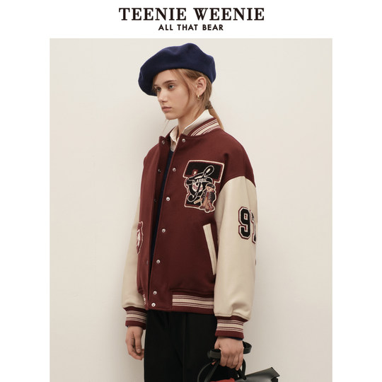 TeenieWeenie Bear Women's Jacket Fall Fashionable Contrast Color Spliced ​​Baseball Suit Wool Blender Top