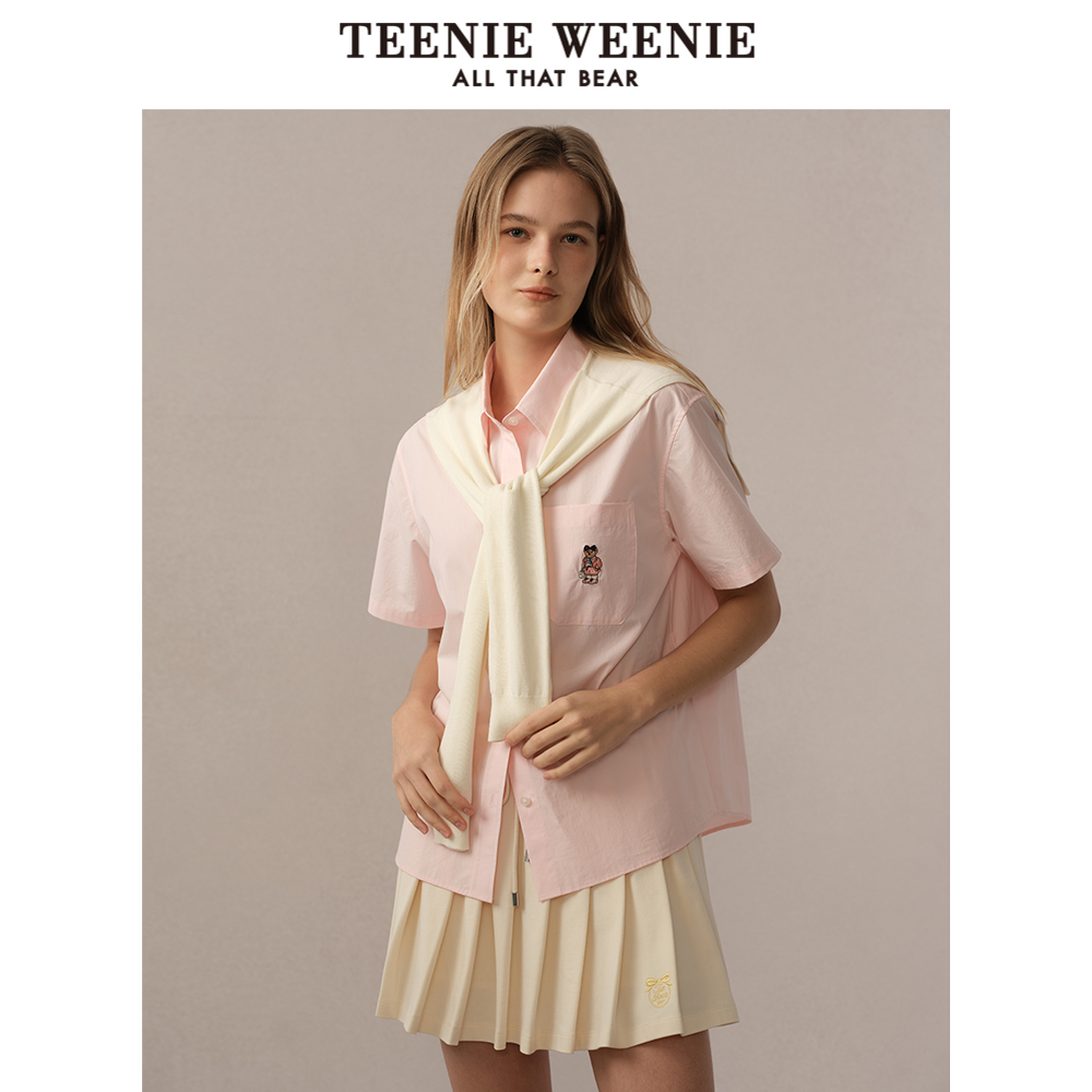 TeenieWeenie小熊短袖衬衫2025夏季新款慵懒风披肩上衣白色衬衣女