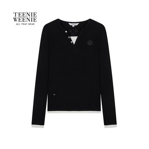 TeenieWeenie小熊女装柔软复古亨利V领T恤合身拼接长袖打底衫上衣 - 图3