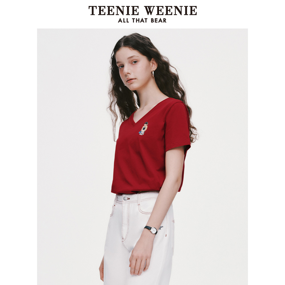 TeenieWeenie小熊2024年棉质短袖T恤多巴胺上衣复古红色内搭白色