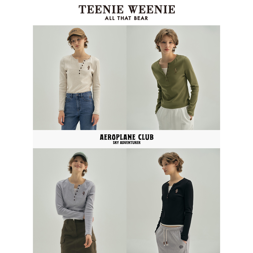 TeenieWeenie小熊春装黑色棉质打底衫长袖T恤设计款白色外穿上衣-图1