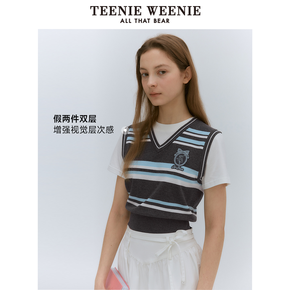 TeenieWeenie小熊2024年夏季新款假两件学院风针织短袖薄款T恤女 - 图2