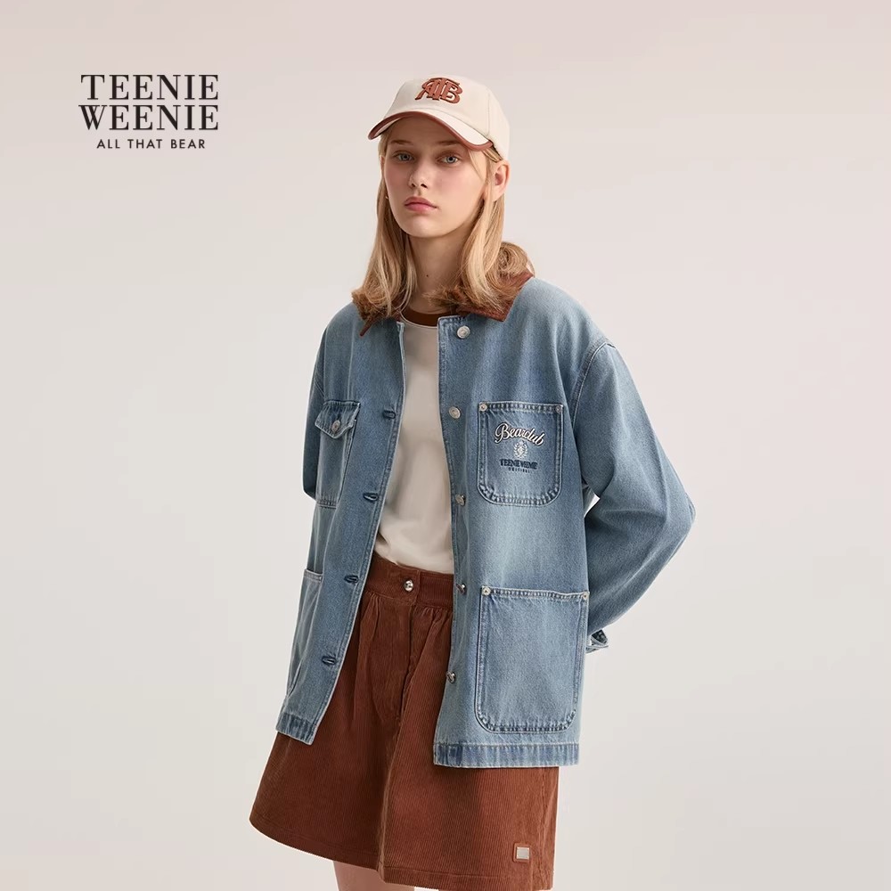 TeenieWeenie小熊女装外套26春季新款撞色灯芯绒翻领水洗牛仔上衣,淘宝优惠券,粉丝福利购,淘宝优惠卷