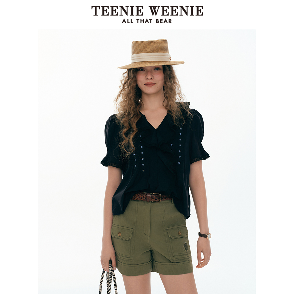 TeenieWeenie小熊女装短袖衬衫2025夏季新款法式泡泡袖荷叶领上衣