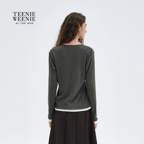 TeenieWeenie小熊女装柔软复古亨利V领T恤合身拼接长袖打底衫上衣 - 图1